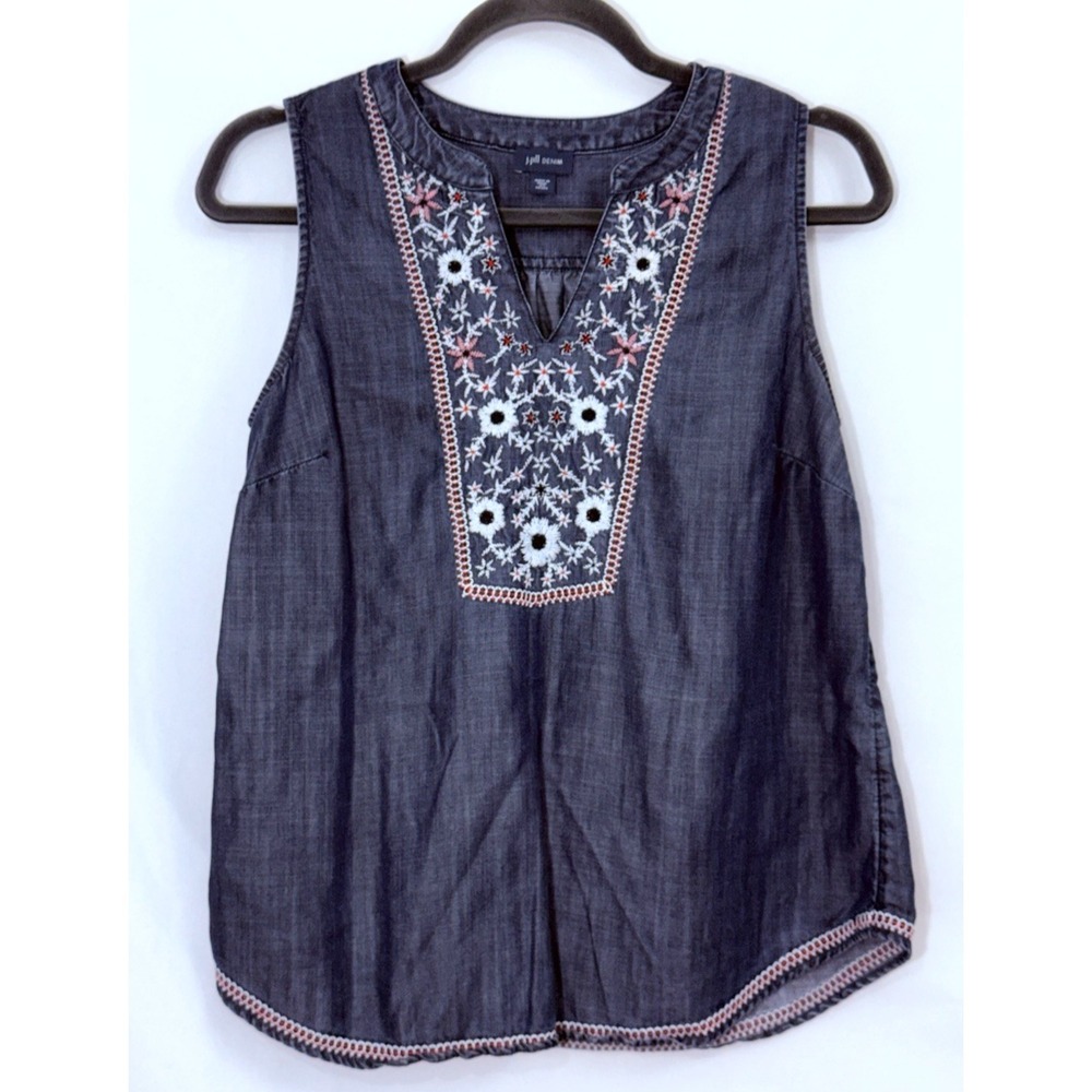 J Jill Denim Sleeveless Top Floral Embroidered Blue Chambray V Neck Womens XSP‎